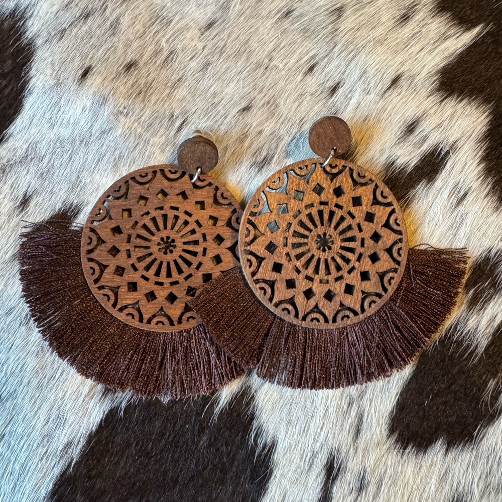 Brown Wooden Fringe Earrings